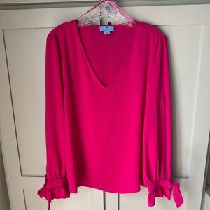 MWOT CeCe from Nordstrom's Vibrant Pink V-Neck Blouse with Tie Cuffs SZ L
